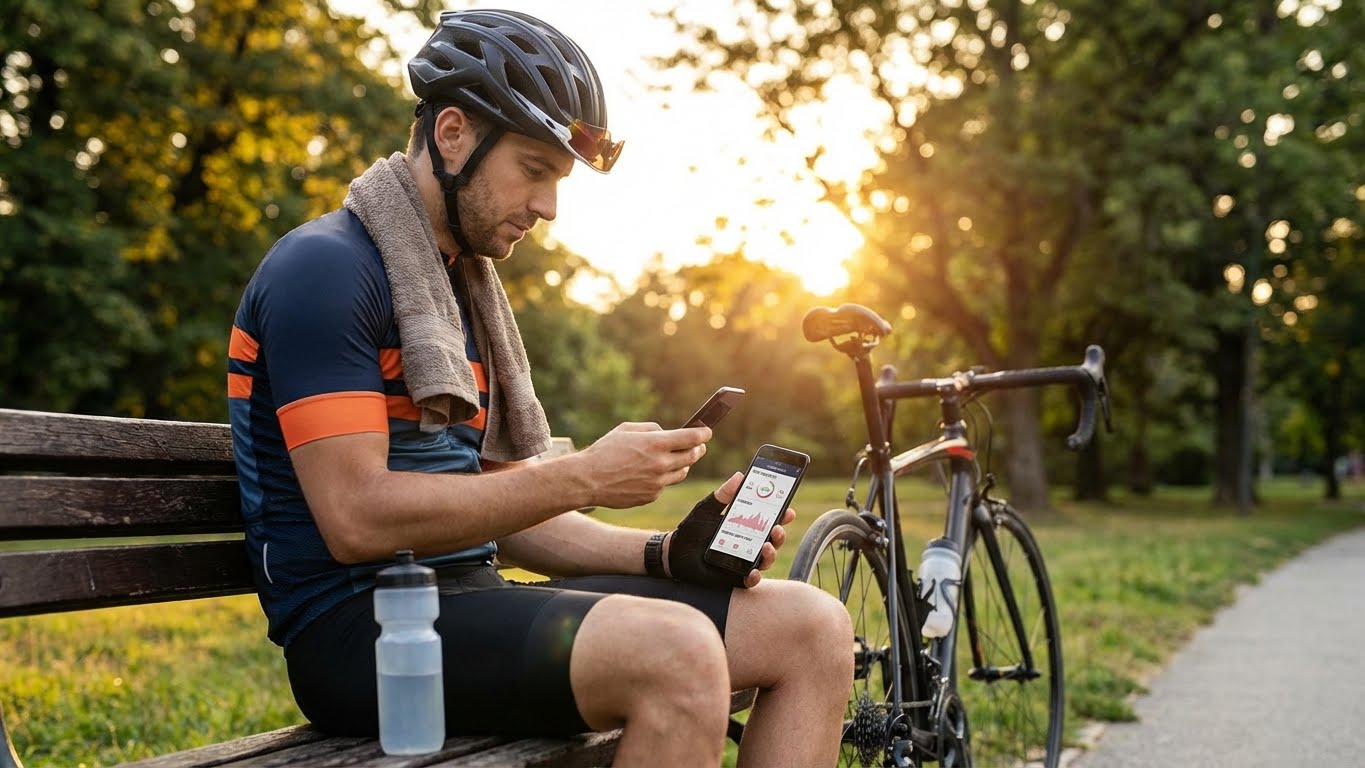 Person cycling on bike path looking happy and healthy