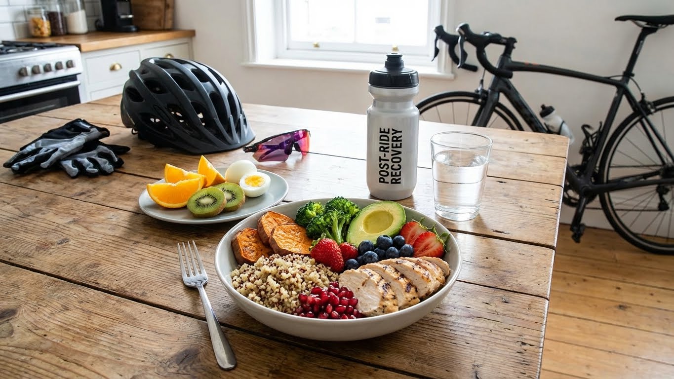 Cyclist checking fitness tracking app on phone after workout