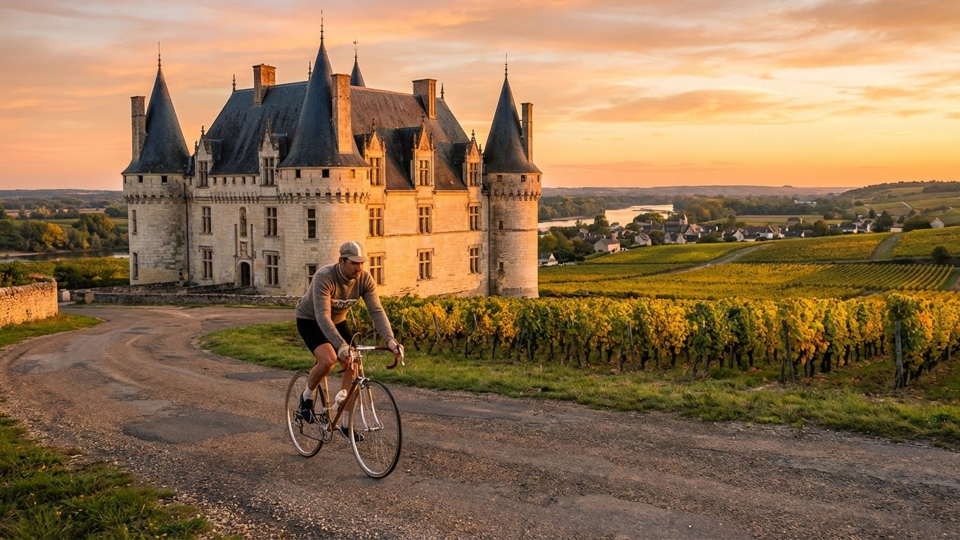 Cyclists riding along the Danube River with Austrian castles in background