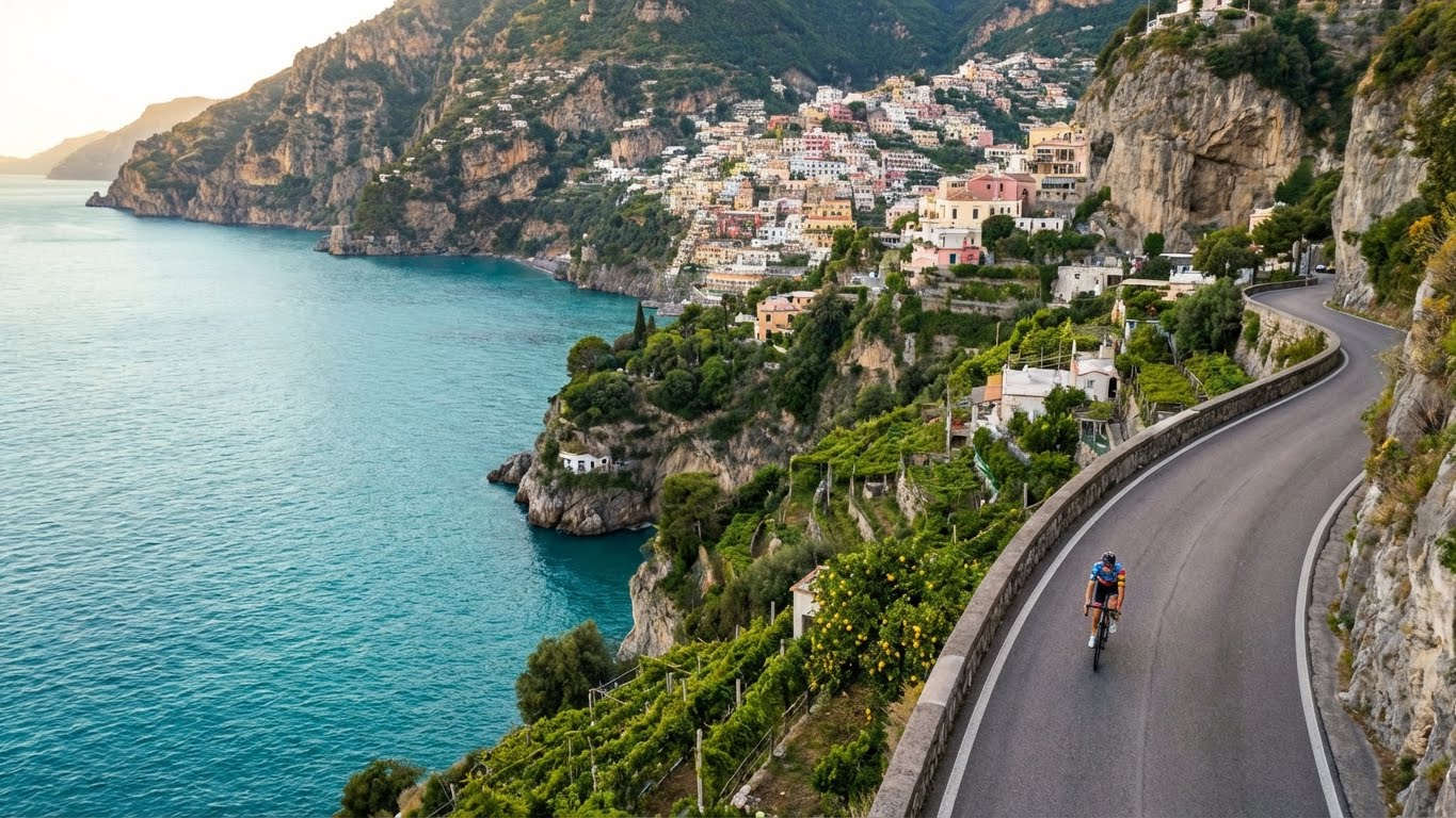 Cyclist passing a beautiful French château in the Loire Valley during golden hour