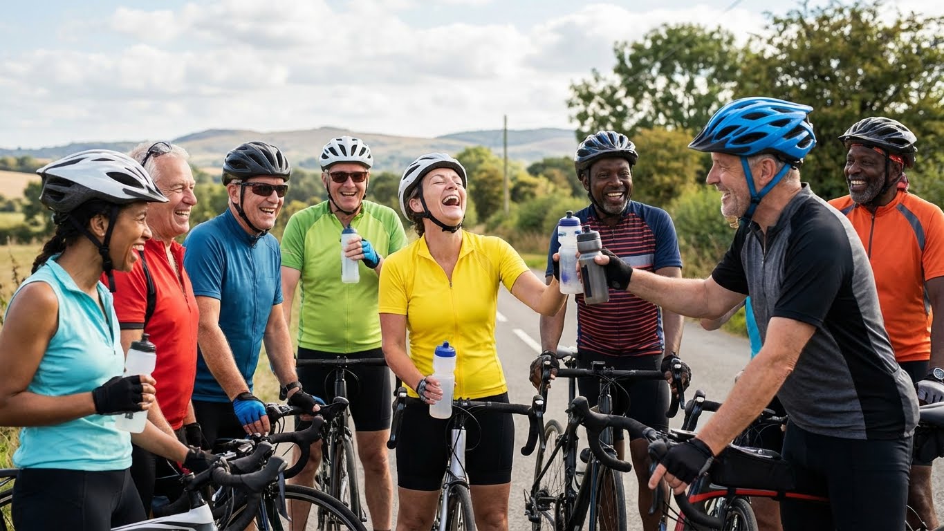 Happy cyclist commuting through city park in morning sunlight