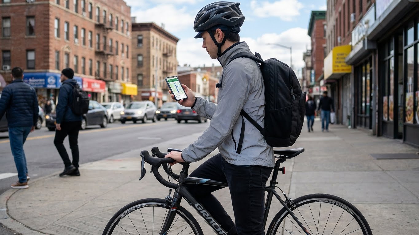 Cyclist using smartphone navigation app while planning commute route