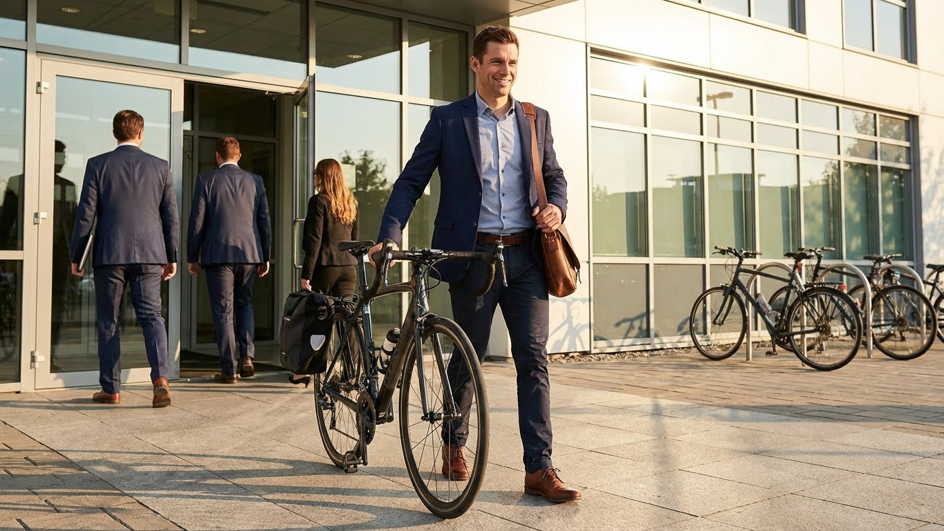 Well-equipped commuter bike with panniers, lights, and fenders parked at office