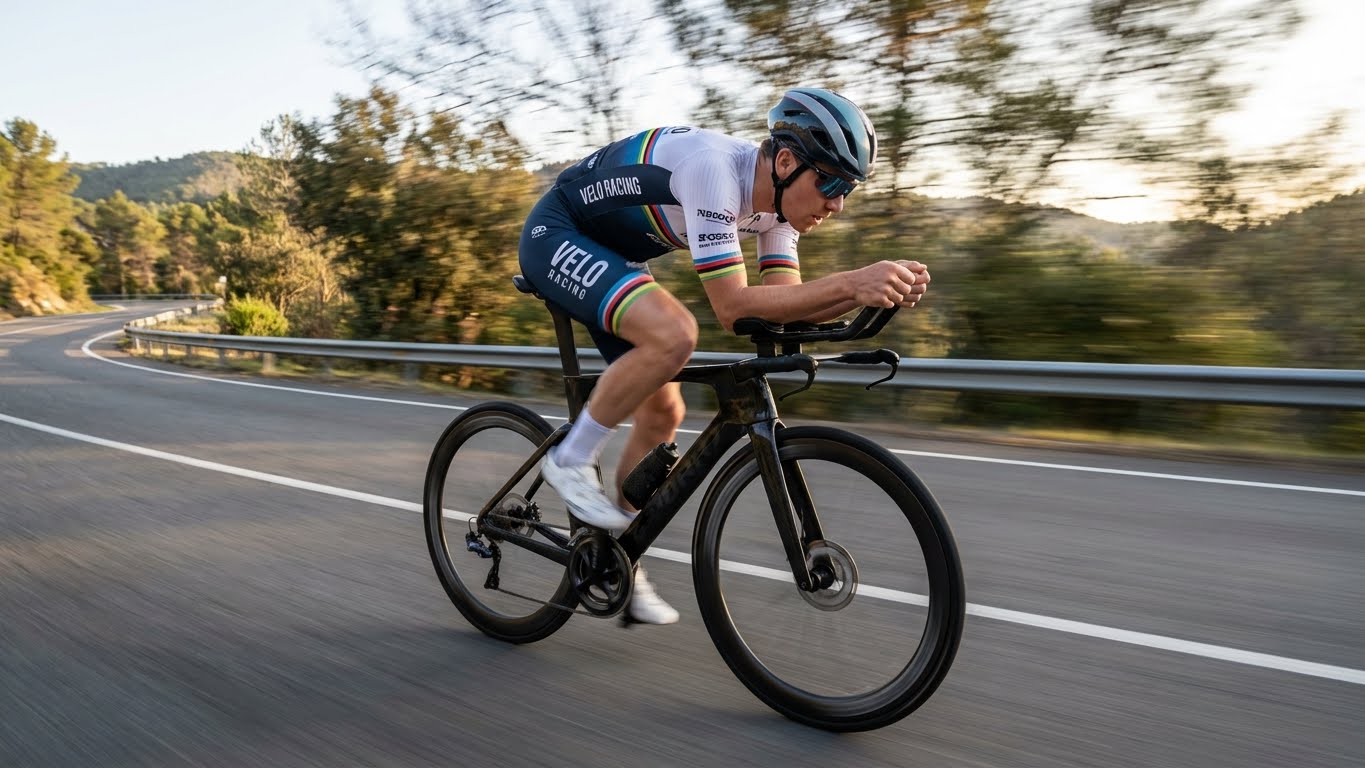 Close-up of cyclist's legs pedaling with cadence sensor visible