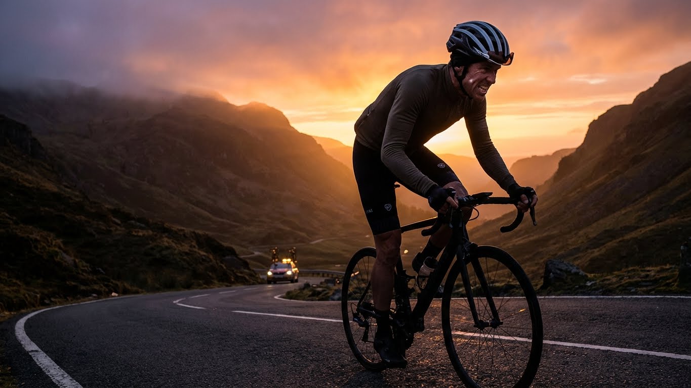 Cyclist in aerodynamic position on road bike at high speed