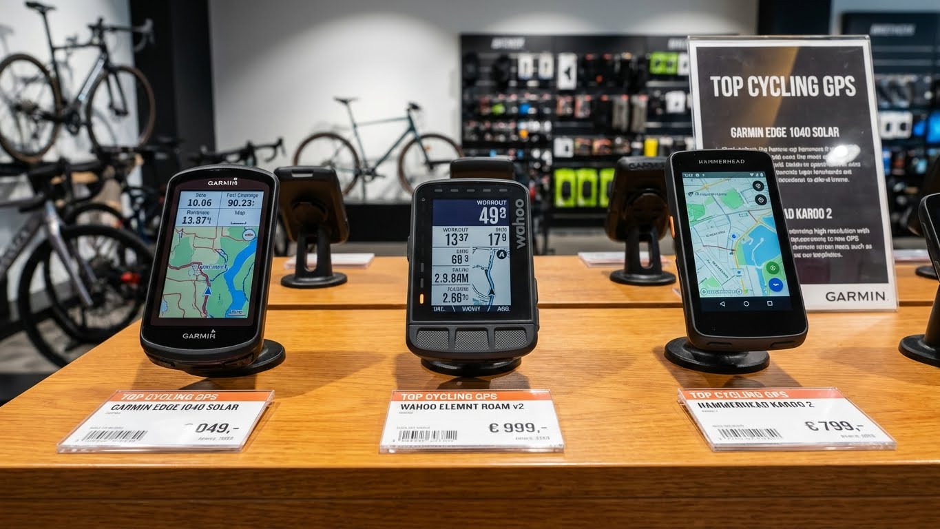 Ciclocomputer moderno montato sul manubrio che mostra i dati della corsa e la mappa