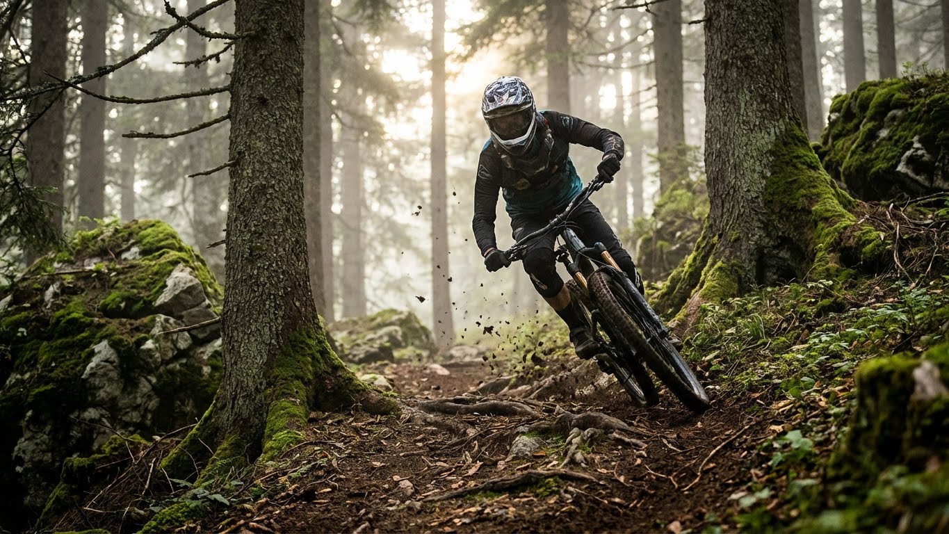 Mountain biker descending alpine trail in Verbier with Swiss Alps panorama