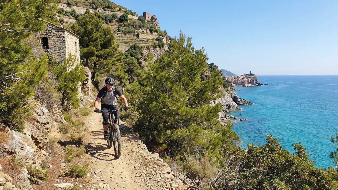 Thrilling downhill mountain bike trail through French Alpine forest